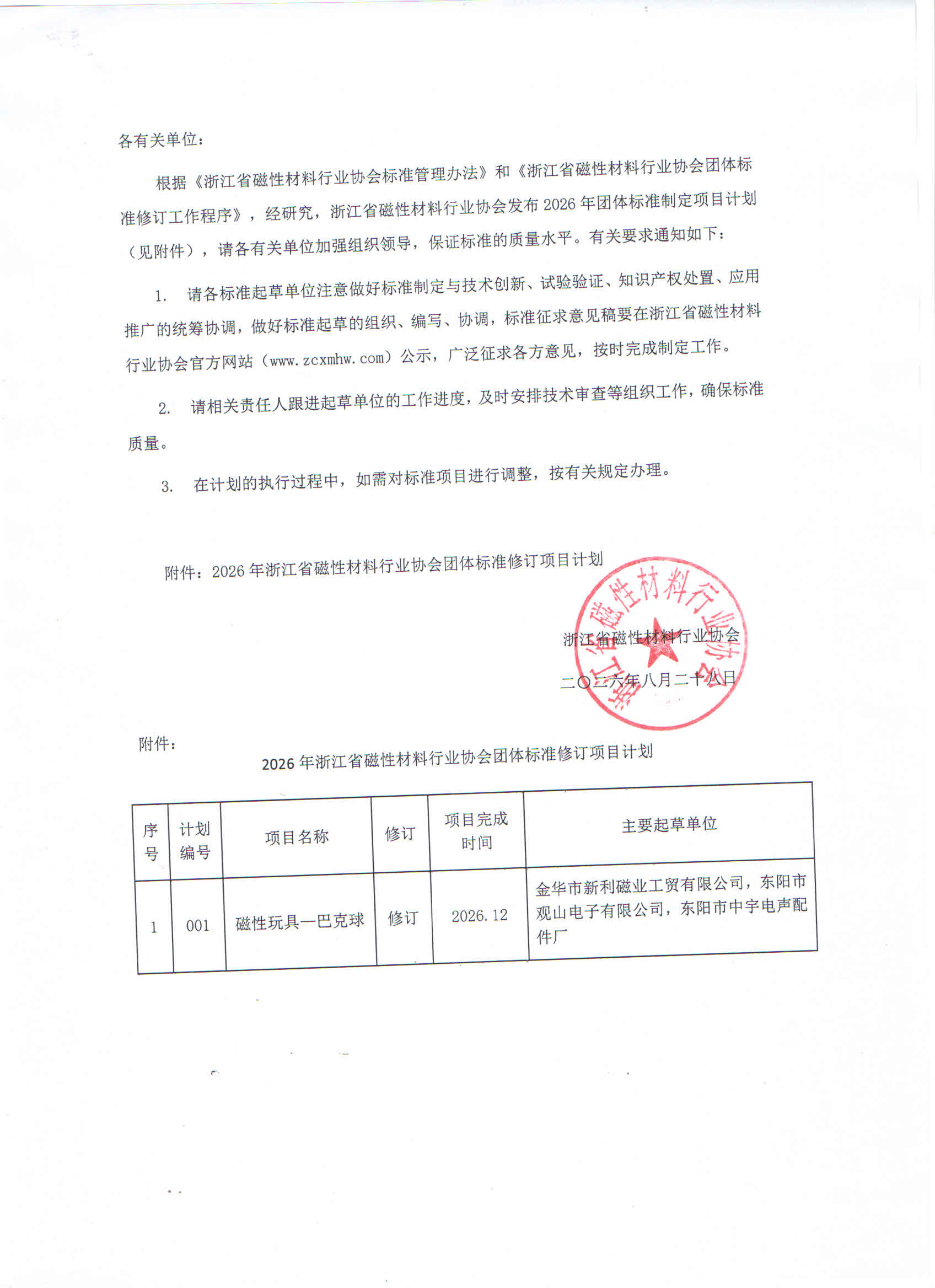 2026年浙江省磁性材料行业协会团体标准项目修订计划
